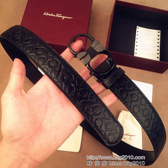 Ferragamo菲拉格慕 雙面牛皮經典紮花紋 精鋼扣 復古風格 男士皮帶  xfp1170